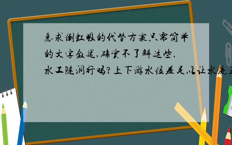 急求倒虹吸的代替方案只需简单的文字叙述,确实不了解这些.水工隧洞行吗?上下游水位差足以让水流正常流动.渠底距路面高程相差10米,不知道可不可以替换