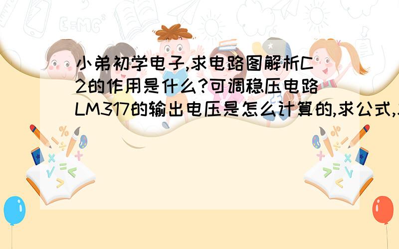 小弟初学电子,求电路图解析C2的作用是什么?可调稳压电路LM317的输出电压是怎么计算的,求公式,求例子