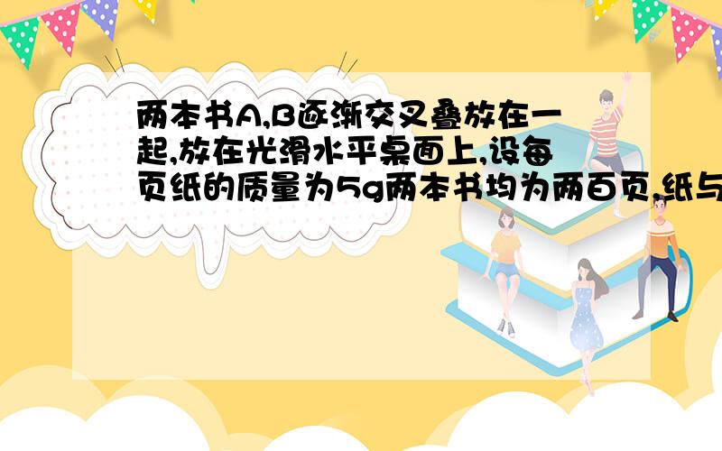 两本书A,B逐渐交叉叠放在一起,放在光滑水平桌面上,设每页纸的质量为5g两本书均为两百页,纸与纸之间的动摩擦因数均为0.3,A固定不动,用水平力把B抽出来,求水平力F的最小值.