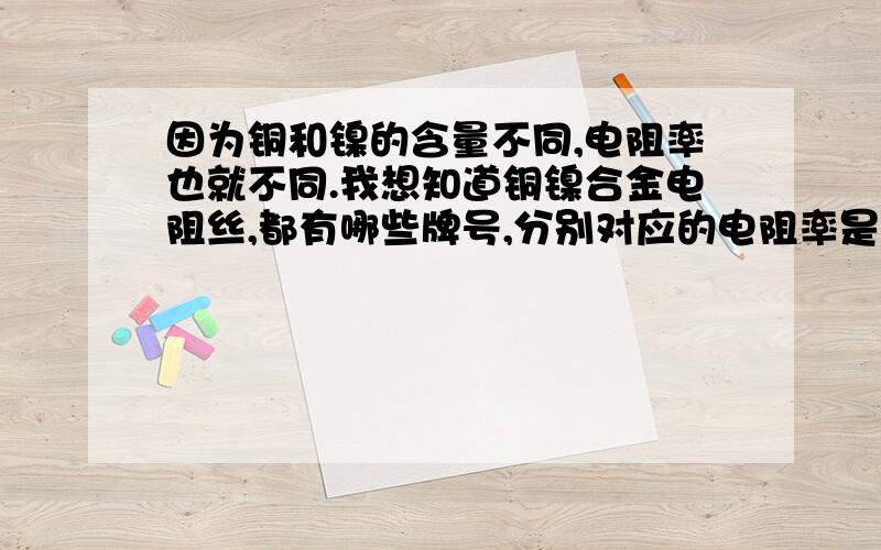 因为铜和镍的含量不同,电阻率也就不同.我想知道铜镍合金电阻丝,都有哪些牌号,分别对应的电阻率是多少.最好能有不同牌号对应的丝直径和米电阻.