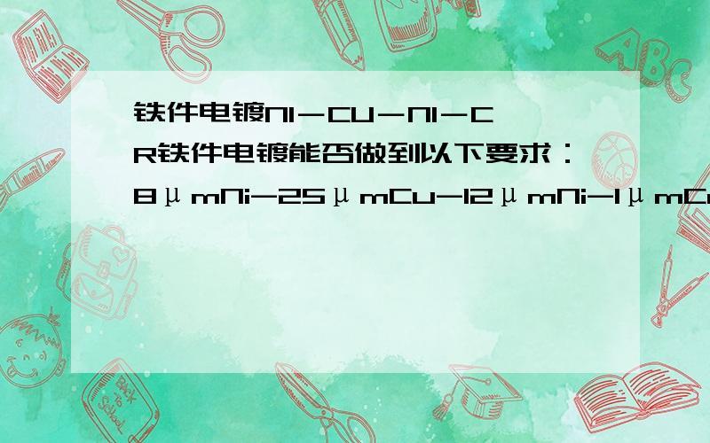 铁件电镀NI－CU－NI－CR铁件电镀能否做到以下要求：8μmNi-25μmCu-12μmNi-1μmCr单价如何?每年需求10万件,有意向厂家联系sdwireking@wireking.com,韦经理收．