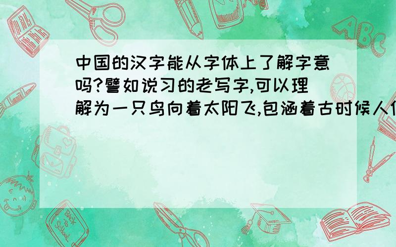 中国的汉字能从字体上了解字意吗?譬如说习的老写字,可以理解为一只鸟向着太阳飞,包涵着古时候人们天人合一的思想.