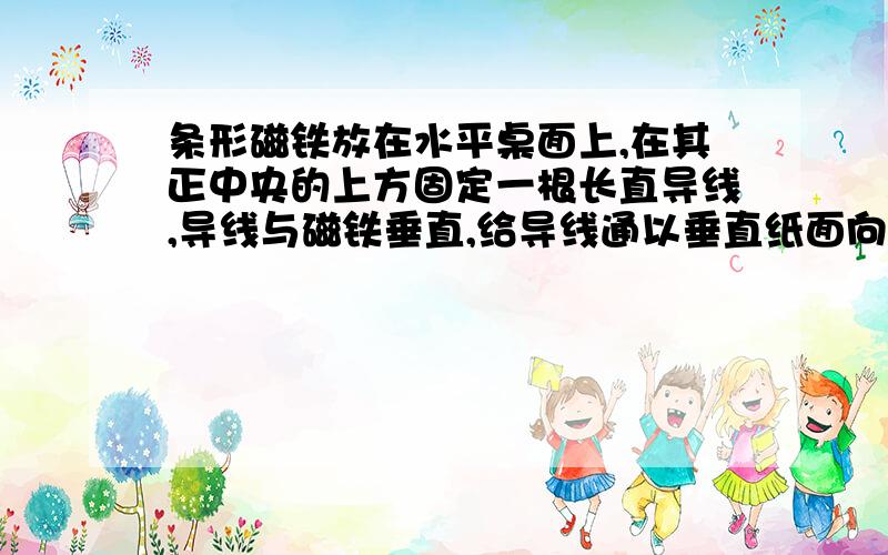 条形磁铁放在水平桌面上,在其正中央的上方固定一根长直导线,导线与磁铁垂直,给导线通以垂直纸面向里的电流.用FN表示磁铁对桌面的压力,用Ff表示桌面对磁铁的摩擦力,导线中通电后与通电