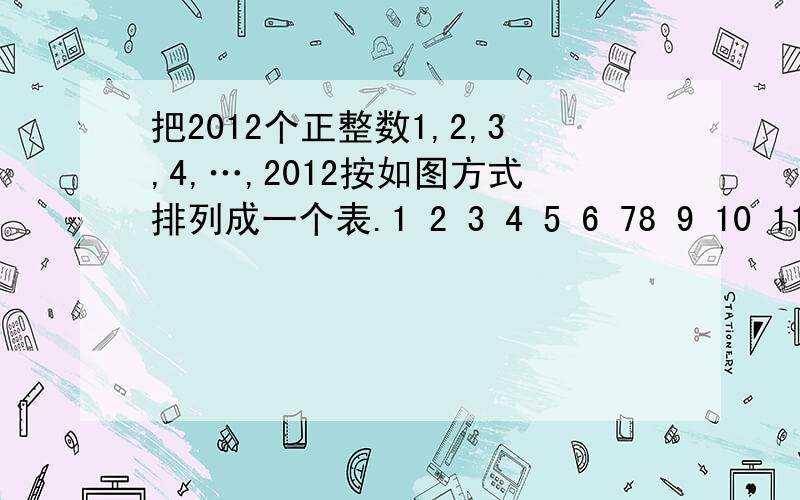 把2012个正整数1,2,3,4,…,2012按如图方式排列成一个表.1 2 3 4 5 6 78 9 10 11 12 13 1415 16 17 18 19 20 2122 23 24 25.（1）如上图,用一正方形框在表中任意框住4个数,记左上角的一个数为x,则另三个数用含x的