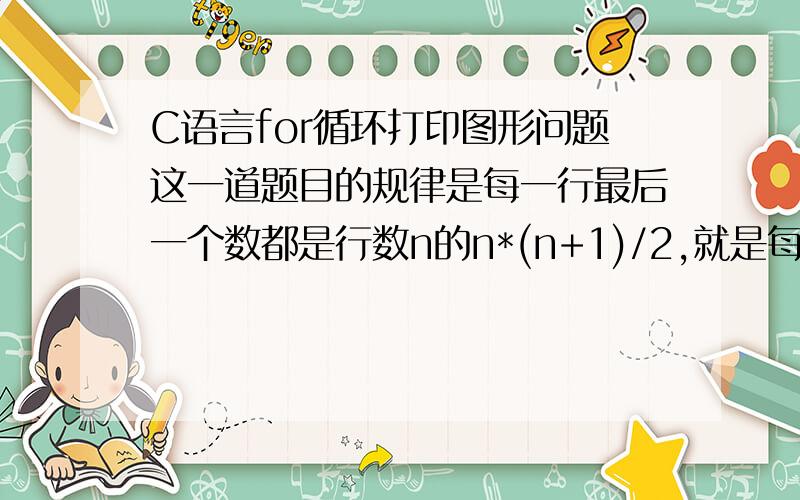 C语言for循环打印图形问题这一道题目的规律是每一行最后一个数都是行数n的n*(n+1)/2,就是每一行到这一个数就需要换行.我一开始是想先用for循环打印这些数,然后再在打印的数与n*(n+1)/2相等