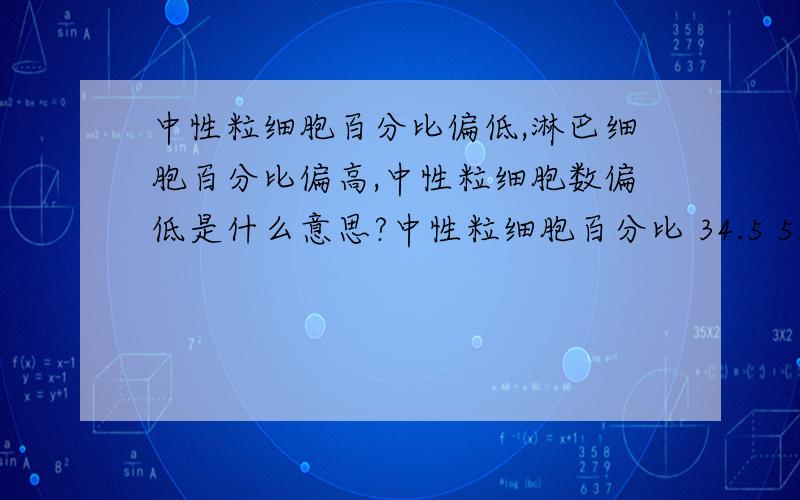 中性粒细胞百分比偏低,淋巴细胞百分比偏高,中性粒细胞数偏低是什么意思?中性粒细胞百分比 34.5 51-70 % ↓ 淋巴细胞百分比 62 23-33 % ↑ 单核细胞百分比 2.2 3-8 10^9/L ↓