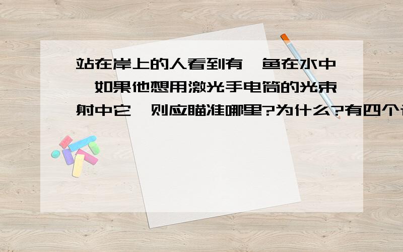 站在岸上的人看到有一鱼在水中,如果他想用激光手电筒的光束射中它,则应瞄准哪里?为什么?有四个选择1 看到的鱼2 看到的鱼的下方3 看到的鱼的上方4 看到的鱼的前方