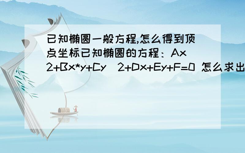 已知椭圆一般方程,怎么得到顶点坐标已知椭圆的方程：Ax^2+Bx*y+Cy^2+Dx+Ey+F=0 怎么求出它的长轴顶点坐标和短轴顶点坐标啊?我需要的是一般情况,椭圆的对称轴既不平行于x轴,也不平行于y轴的情