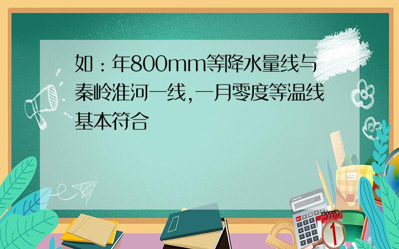 如：年800mm等降水量线与秦岭淮河一线,一月零度等温线基本符合