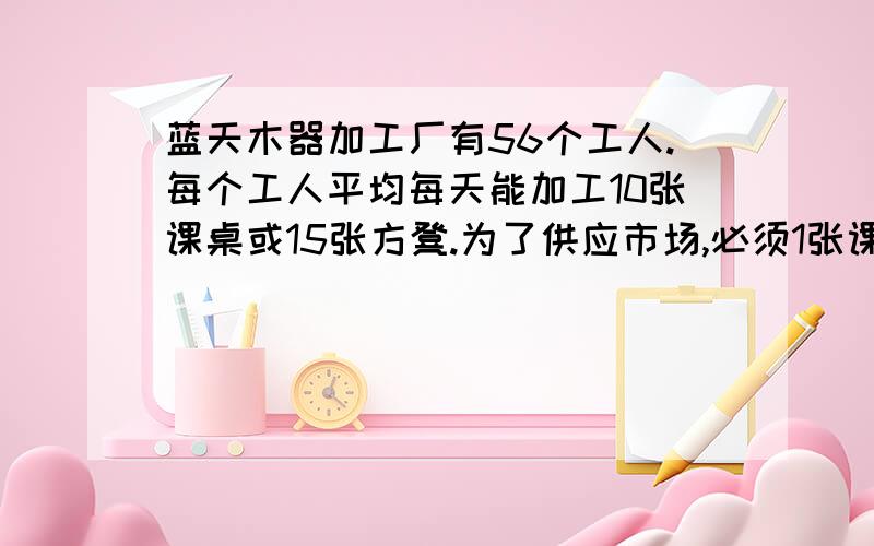 蓝天木器加工厂有56个工人.每个工人平均每天能加工10张课桌或15张方凳.为了供应市场,必须1张课桌与2张方凳配成一套发货.怎样安排加工课桌和方凳的人数,才不会造成浪费,又能尽量满足供