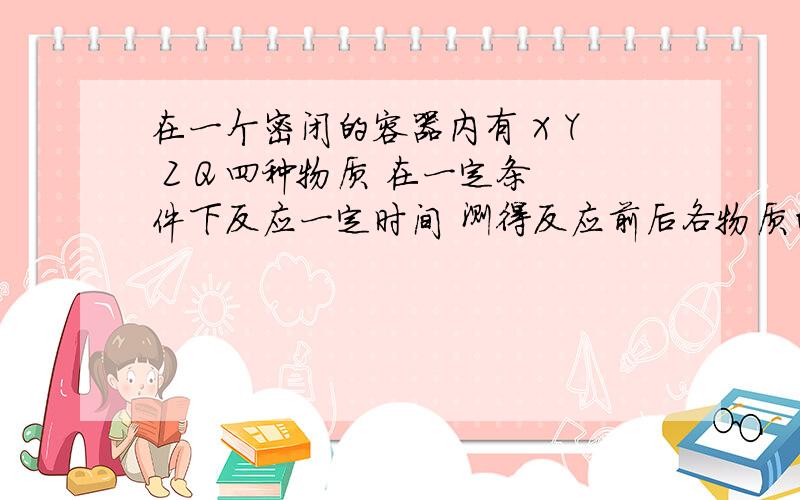 在一个密闭的容器内有 X Y Z Q 四种物质 在一定条件下反应一定时间 测得反应前后各物质的质量如下表 X 反应前质量20g 反应后质量20g Y 反应前20g 反应后质量30g Z 反应前20 反应后16 Q 反应前20