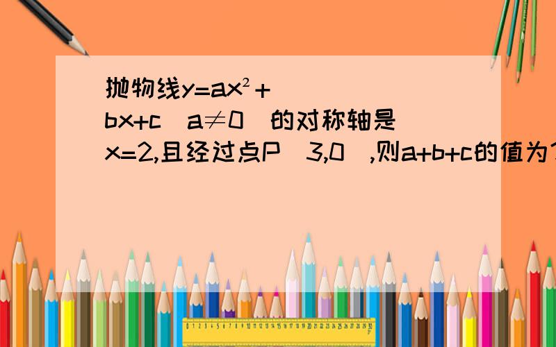 抛物线y=ax²+bx+c(a≠0)的对称轴是x=2,且经过点P（3,0）,则a+b+c的值为?