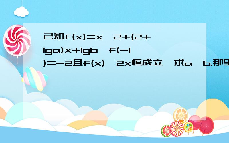 已知f(x)=x^2+(2+lga)x+lgb,f(-1)=-2且f(x)>2x恒成立,求a,b.那里应该是f(x)>=2x。