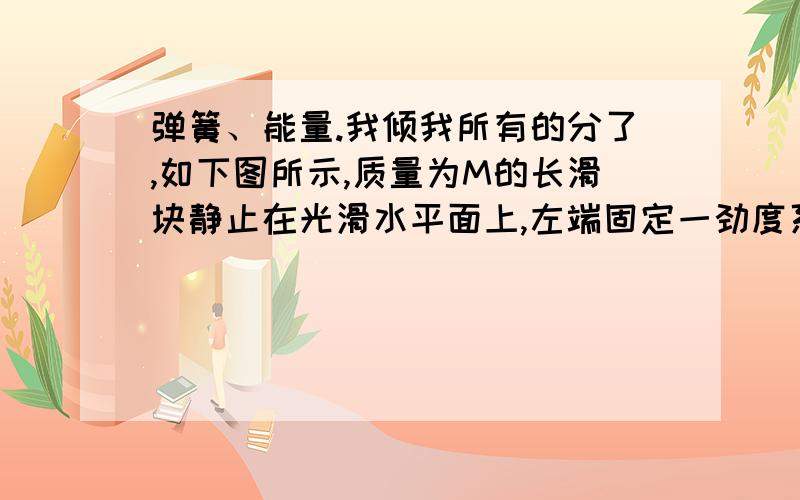 弹簧、能量.我倾我所有的分了,如下图所示,质量为M的长滑块静止在光滑水平面上,左端固定一劲度系数为K且足够长的水平轻质弹簧,右侧用一不可伸长的细绳连接于竖直墙上,细绳所能承受的