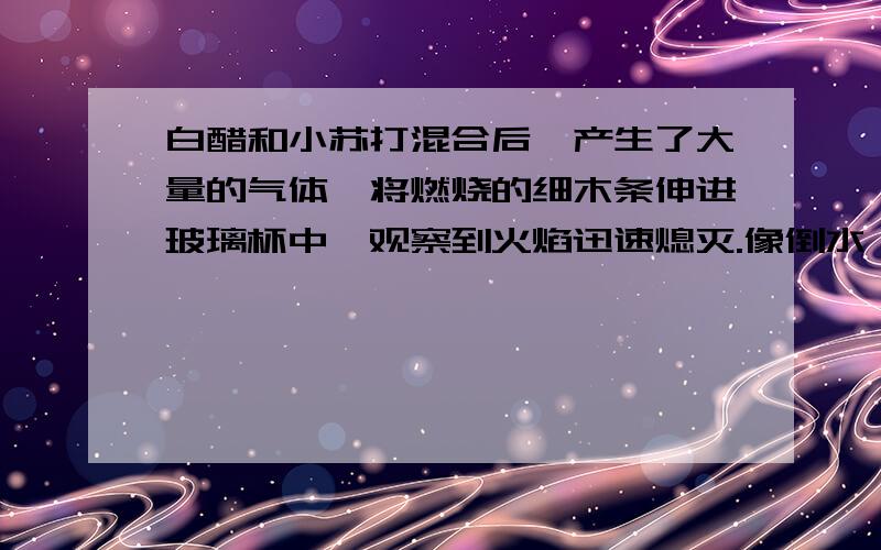 白醋和小苏打混合后,产生了大量的气体,将燃烧的细木条伸进玻璃杯中,观察到火焰迅速熄灭.像倒水一样,把玻璃杯中的气体倒在蜡烛的火焰上,蜡烛熄灭.从上面的现象中,我们知道这种气体有