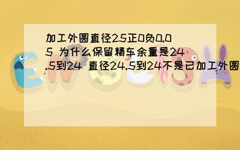 加工外圆直径25正0负0.05 为什么保留精车余量是24.5到24 直径24.5到24不是已加工外圆直径25正0负0.05 为什么保留精车余量是24.5到24 直径24.5到24不是已经比25正0负0.05小了