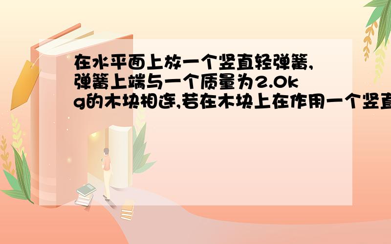 在水平面上放一个竖直轻弹簧,弹簧上端与一个质量为2.0kg的木块相连,若在木块上在作用一个竖直向下的力F,使木块缓慢向下移动.010m,力F做功2.5J.此时木块再次处于平衡状态,力F的大小为50N（g