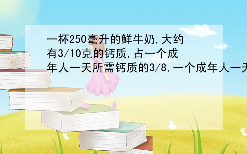 一杯250毫升的鲜牛奶,大约有3/10克的钙质,占一个成年人一天所需钙质的3/8,一个成年人一天大约需要多少钙质