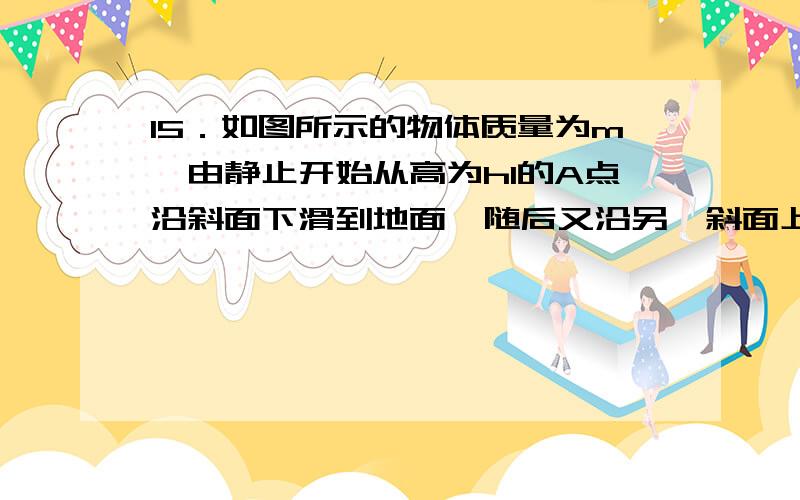 15．如图所示的物体质量为m,由静止开始从高为h1的A点沿斜面下滑到地面,随后又沿另一斜面上滑到h2高处的B点停止.若在B点给物体一瞬时冲量,使物体从B点沿原路返回到A点,需给物体的最小冲