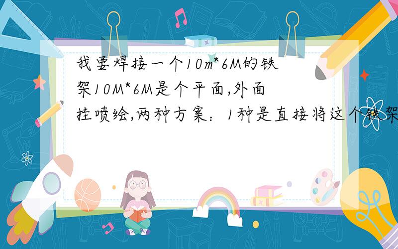 我要焊接一个10m*6M的铁架10M*6M是个平面,外面挂喷绘,两种方案：1种是直接将这个铁架平面焊接在后面一块大的铁板上面,然后铆钉固定第二种是离地的,下面用角铁撑起来?请问如何焊接框架 还