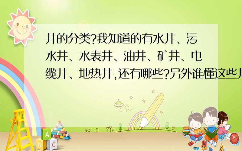 井的分类?我知道的有水井、污水井、水表井、油井、矿井、电缆井、地热井,还有哪些?另外谁懂这些井怎么区分?