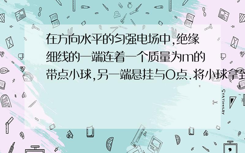 在方向水平的匀强电场中,绝缘细线的一端连着一个质量为m的带点小球,另一端悬挂与O点.将小球拿到A点（此时细线与电场方向平行）无初速度释放,已知小球摆到B点是速度为零,此时细线与竖