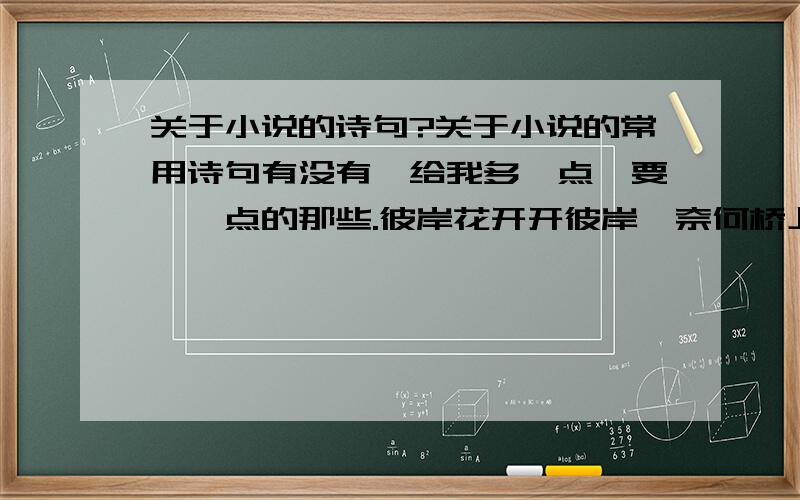 关于小说的诗句?关于小说的常用诗句有没有,给我多一点,要拽一点的那些.彼岸花开开彼岸,奈何桥上可奈何  我心依然不变.这一类