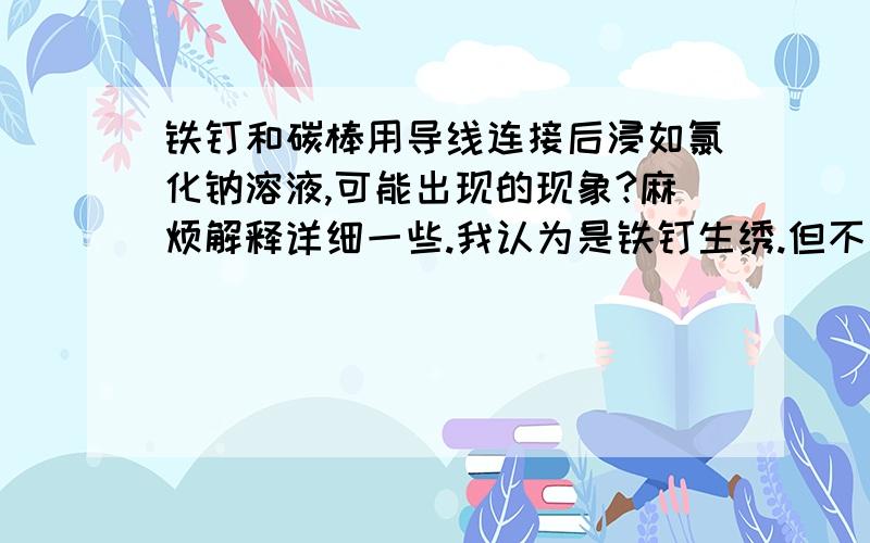 铁钉和碳棒用导线连接后浸如氯化钠溶液,可能出现的现象?麻烦解释详细一些.我认为是铁钉生绣.但不敢肯定,可能放出气体吗?