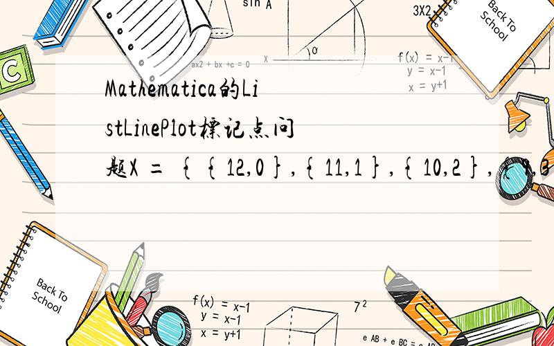 Mathematica的ListLinePlot标记点问题X = {{12,0},{11,1},{10,2},{9,3}}Y = {{0,6},{1,5},{4,2},{6,0}}ListLinePlot[Table[p*X + (1 - p)*Y,{p,0,1,1/3}],PlotMarkers -> Automatic]想把每条线中p对应的点标出来,能告诉我是哪个p对应的.