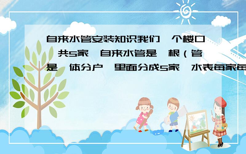 自来水管安装知识我们一个楼口一共5家,自来水管是一根（管是一体分户,里面分成5家,水表每家每户统一在水暖小屋的地面上）,前段时间走廊里的管冻裂了所以换了新管,但是安装完后主管道