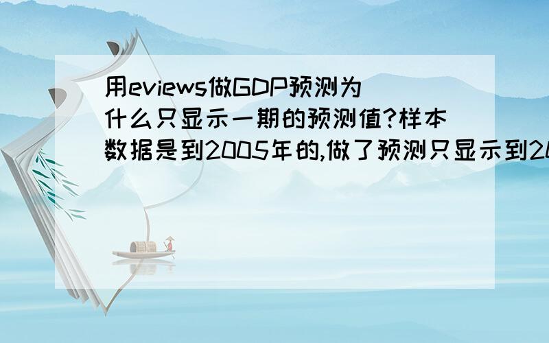 用eviews做GDP预测为什么只显示一期的预测值?样本数据是到2005年的,做了预测只显示到2006年的,怎么做2006到2010年的预测?