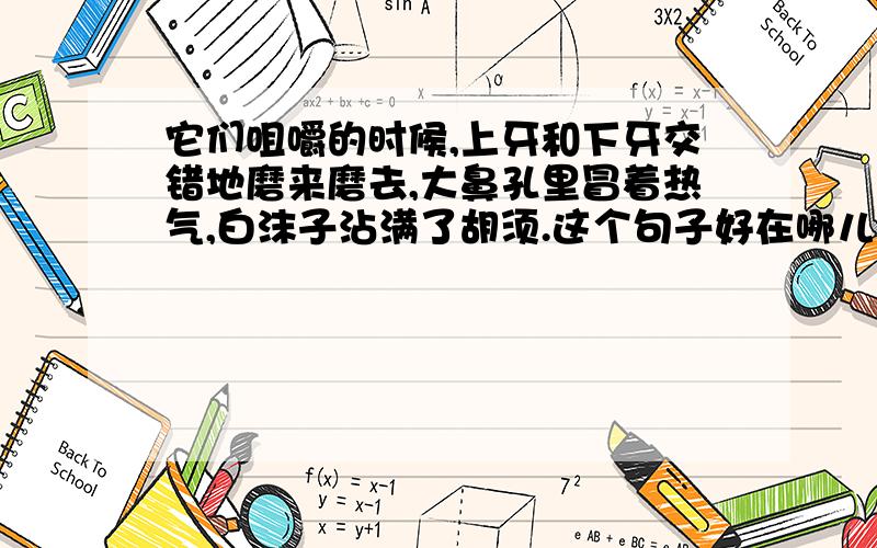 它们咀嚼的时候,上牙和下牙交错地磨来磨去,大鼻孔里冒着热气,白沫子沾满了胡须.这个句子好在哪儿?