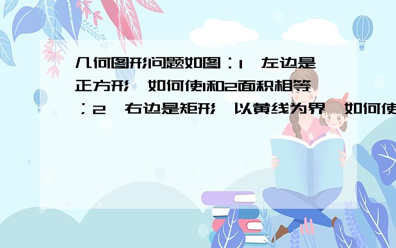 几何图形问题如图：1、左边是正方形,如何使1和2面积相等；2、右边是矩形,以黄线为界,如何使a/b/c/d面积相等?