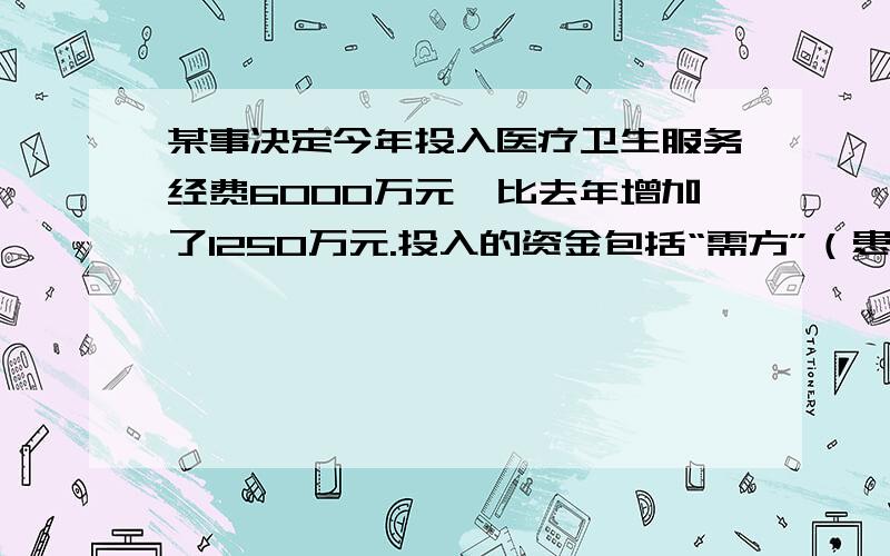 某事决定今年投入医疗卫生服务经费6000万元,比去年增加了1250万元.投入的资金包括“需方”（患者等）和用二元一次方程组来解