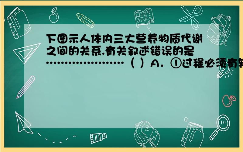 下图示人体内三大营养物质代谢之间的关系.有关叙述错误的是…………………（ ）A．①过程必须有转氨酶的参与   B．糖类、脂肪和蛋白质之间是可以转变的   C．蛋白质在应急状态下供能