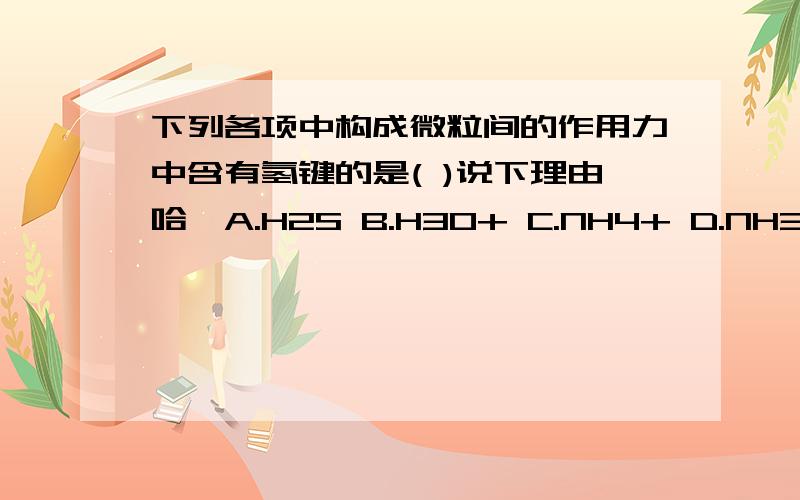 下列各项中构成微粒间的作用力中含有氢键的是( )说下理由哈,A.H2S B.H3O+ C.NH4+ D.NH3*H2O