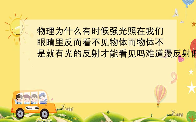 物理为什么有时候强光照在我们眼睛里反而看不见物体而物体不是就有光的反射才能看见吗难道漫反射偏向于物体由于光的反射才可以看见而镜面反射则只能反射出强光