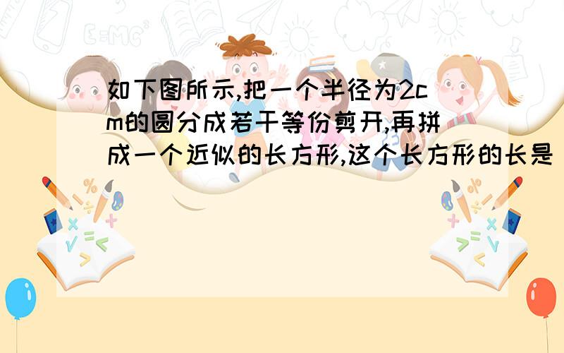 如下图所示,把一个半径为2cm的圆分成若干等份剪开,再拼成一个近似的长方形,这个长方形的长是（ ）