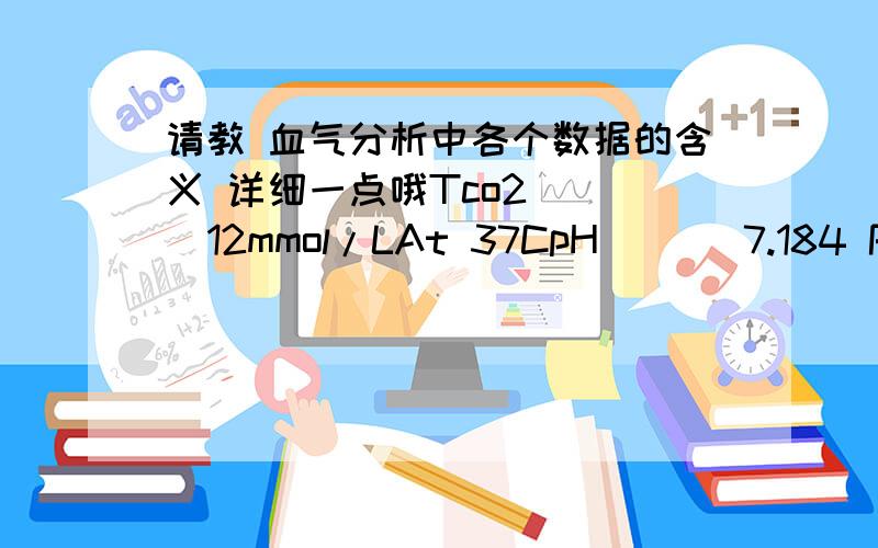 请教 血气分析中各个数据的含义 详细一点哦Tco2     12mmol/LAt 37CpH       7.184 Pco2     29.5mmHgPo2      117mmHgHCO3     11.1mmol/LBEecf    -17mmol/LsO2*     97%