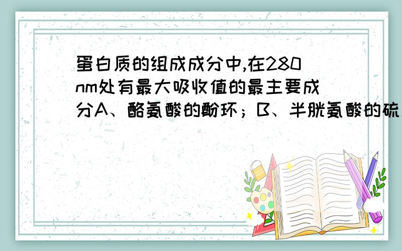 蛋白质的组成成分中,在280nm处有最大吸收值的最主要成分A、酪氨酸的酚环；B、半胱氨酸的硫原子；C、肽键；D、苯丙氨酸蛋白质在280mm处紫外光吸收值最大，但问题为什么要问组成成分呢？