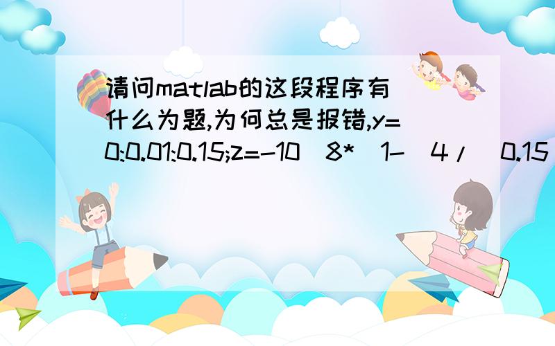 请问matlab的这段程序有什么为题,为何总是报错,y=0:0.01:0.15;z=-10^8*(1-(4/(0.15^2))*(y^2));plot(y,z);title('切应力场');xlabel('y/m');ylabel('τ/N/m^2')