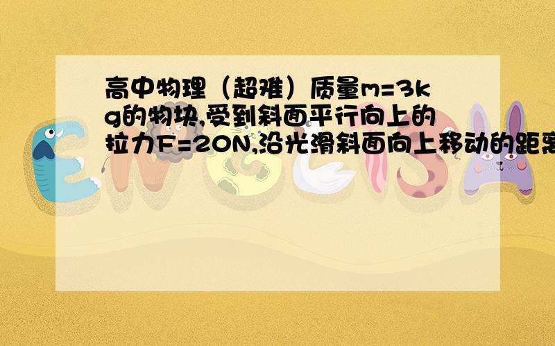 高中物理（超难）质量m=3kg的物块,受到斜面平行向上的拉力F=20N,沿光滑斜面向上移动的距离为s=2m,斜面倾斜角为30度,求各个力的功及总功.