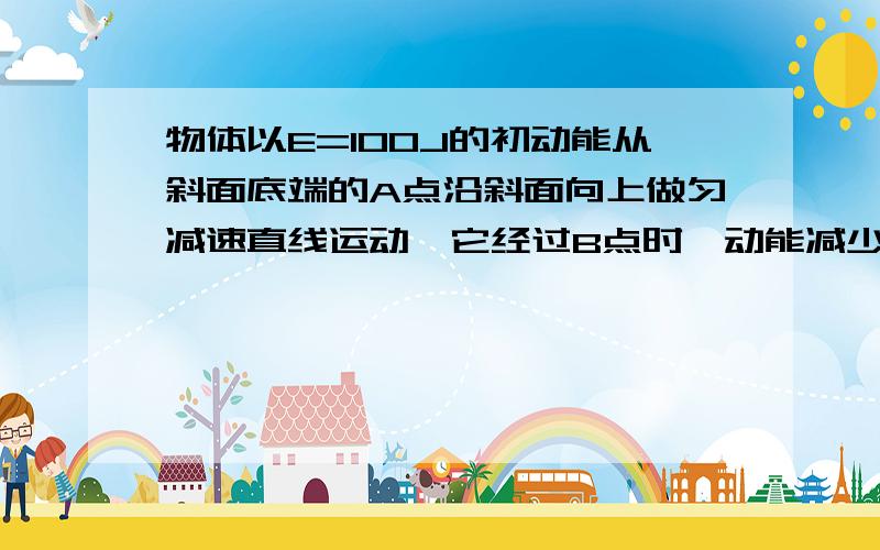 物体以E=100J的初动能从斜面底端的A点沿斜面向上做匀减速直线运动,它经过B点时,动能减少了80J,机械能减少了32J,已知A,B间的距离s=2m,试求：（1）物体沿斜面运动中所受到的滑动摩擦力f是多少