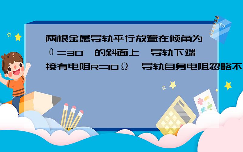 两根金属导轨平行放置在倾角为θ=30°的斜面上,导轨下端接有电阻R=10Ω,导轨自身电阻忽略不计.匀强磁场垂直于斜面向上,磁感强度B=0.5T.质量为m=0.1kg ,电阻可不计的金属棒ab静止释放,沿导轨下