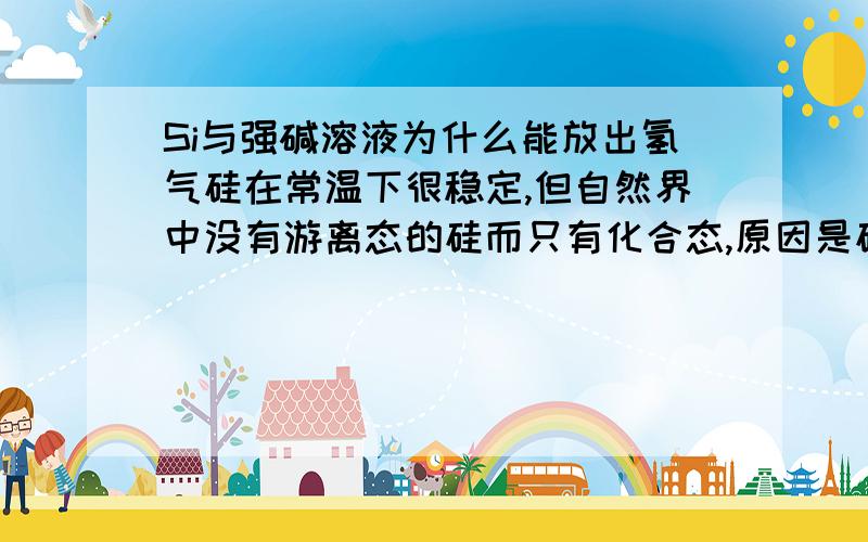 Si与强碱溶液为什么能放出氢气硅在常温下很稳定,但自然界中没有游离态的硅而只有化合态,原因是硅以化合态存在更稳定.一般只有氢前面活泼金属才能置换酸或水中的氢.而非金属硅却与强