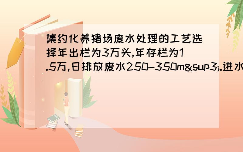 集约化养猪场废水处理的工艺选择年出栏为3万头,年存栏为1.5万,日排放废水250-350m³.进水水质,COD=6000—8000,BOD=4000—5000,NH3-H=400—600,ss=6000—75000,大肠菌群数>2.2×10^8.出水水质：COD=400,BOD=150,NH