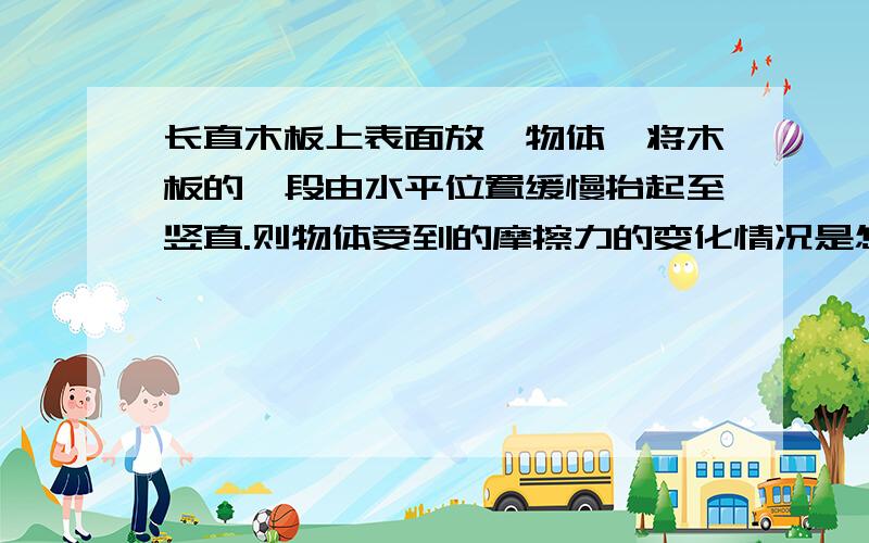 长直木板上表面放一物体,将木板的一段由水平位置缓慢抬起至竖直.则物体受到的摩擦力的变化情况是怎样的请讲清楚点哦、