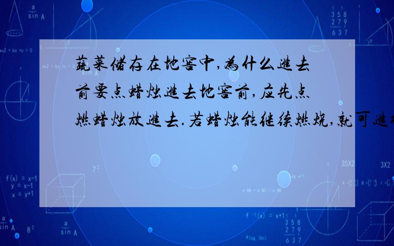 蔬菜储存在地窖中,为什么进去前要点蜡烛进去地窖前,应先点燃蜡烛放进去.若蜡烛能继续燃烧,就可进行.若蜡烛熄灭,则要通风才能进,这是为什么?现在就要