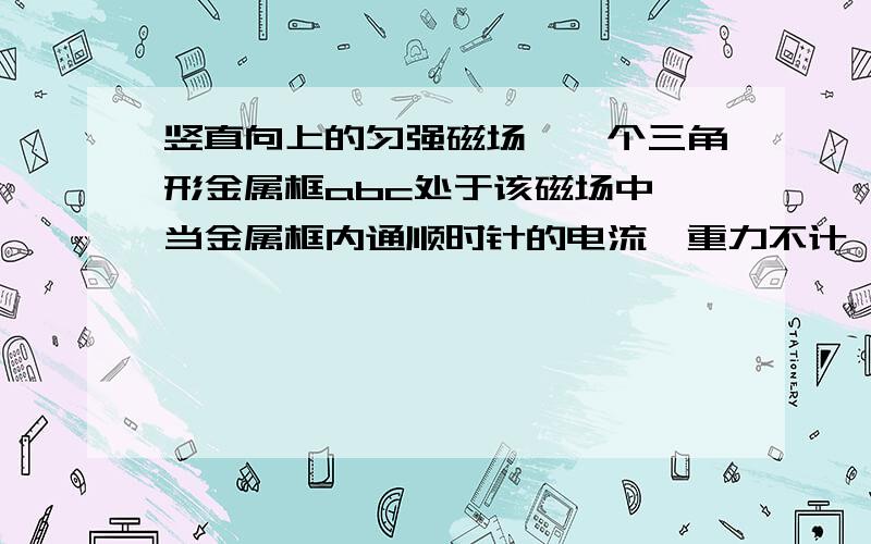 竖直向上的匀强磁场,一个三角形金属框abc处于该磁场中,当金属框内通顺时针的电流,重力不计,则abc将：Aab边向里,bc边向外转动；Bab边向外,bc边向内转动Cab边向外,bc边向内转动,同时金属框向