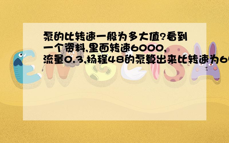 泵的比转速一般为多大值?看到一个资料,里面转速6000,流量0.3,扬程48的泵算出来比转速为657,是不是太大了?一般水泵的比转速多大?如果用比转速区分泵的类型的话,各类泵之间的临界点分别是